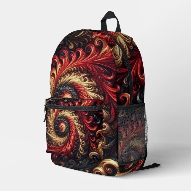 Abstraktes, modernes Rot, Schwarz und Gold Bedruckter Rucksack (Rückseitige Ecke Rechts)