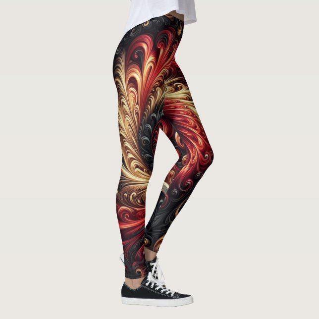 Abstraktes, modernes Rot, Schwarz und Gold Leggings (Rechts)
