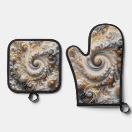 Abstraktes, modernes Swirbelgold, Schwarz und Weiß Ofenhandschuh & Topflappen-Set