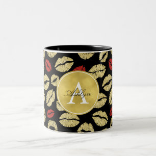 Abstraktes Monogramm aus Red Gold Black Lips Zweifarbige Tasse