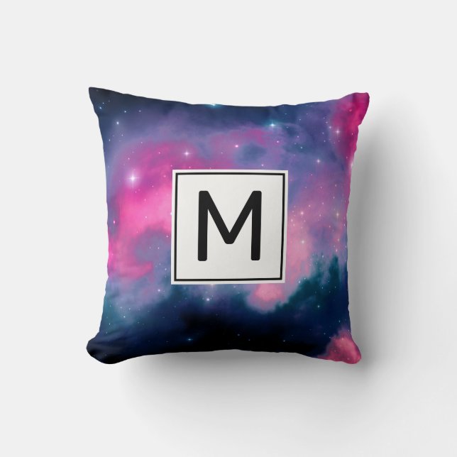 Abstraktes Monogramm für rosa und blaue Galaxie un Kissen (Vorderseite)
