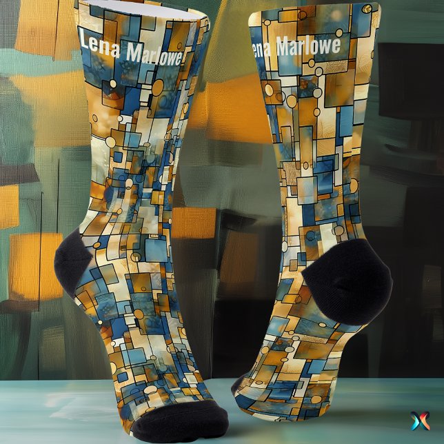 Abstraktes Mosaik in Blau und Gold Socken (Von Creator hochgeladen)