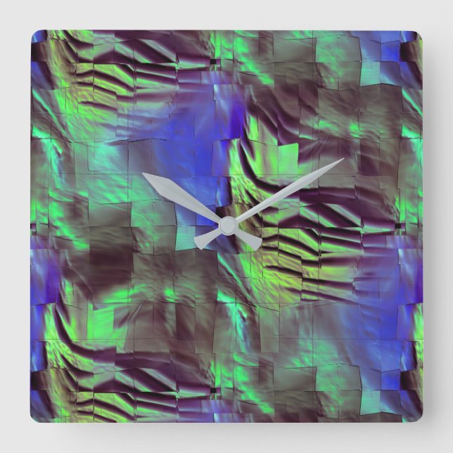 Abstraktes Mosaik zeichnend rustikales Grün und Bl Quadratische Wanduhr (Vorderseite)