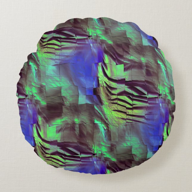 Abstraktes Mosaik zeichnend rustikales Grün und Bl Rundes Kissen (Vorderseite)