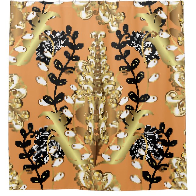 abstraktes Muster auf orangegelbem Hintergrund mit Duschvorhang (Vorderseite)