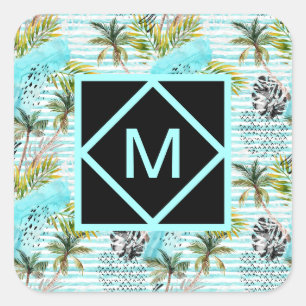 Abstraktes Muster der Wasserfarbenpalme Quadratischer Aufkleber