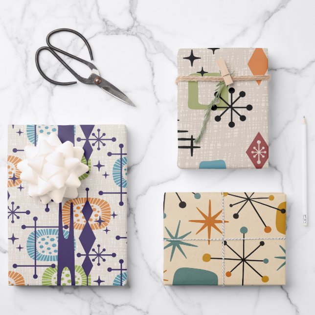 Abstraktes Muster des modernen Atomzeitalters Mitt Geschenkpapier Set (Vorderseite)