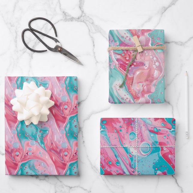 Abstraktes Muster in Rosa und Türkis Geschenkpapier Set (Vorderseite)