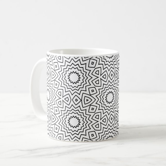 Abstraktes nahtloses Mandala-Design in Schwarz-Wei Kaffeetasse (Vorderseite Links)