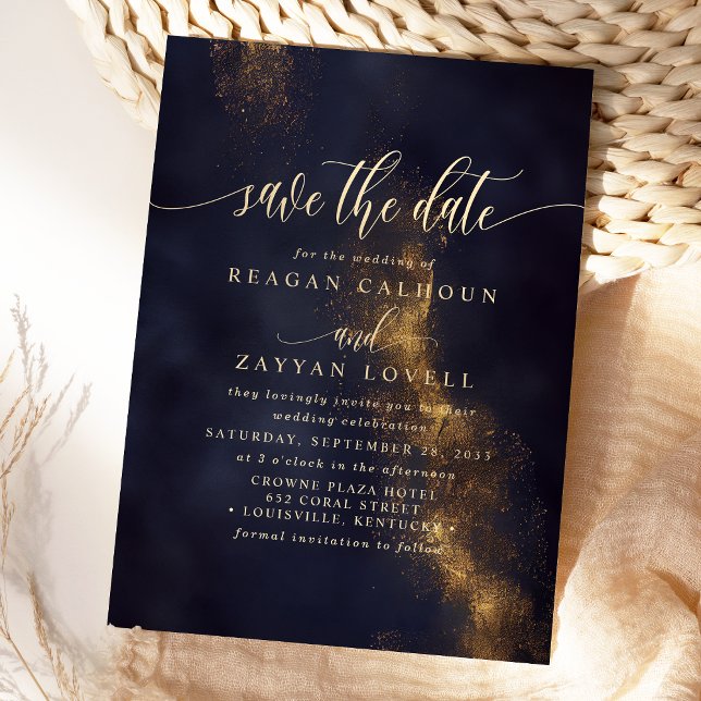 Abstraktes Navy Blue und Gold Save the Date Einladung (Von Creator hochgeladen)