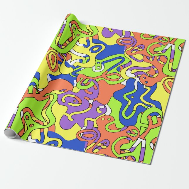 Abstraktes Neon-Doodle-Labyrinth-Muster Geschenkpapier (Ungerollt)