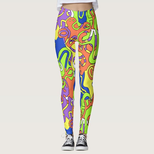 Abstraktes Neon-Doodle-Labyrinth-Muster Leggings (Vorderseite)