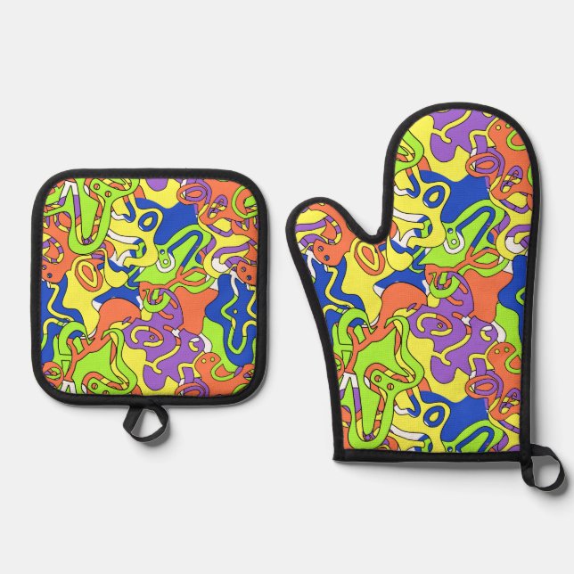 Abstraktes Neon-Doodle-Labyrinth-Muster Ofenhandschuh & Topflappen-Set (Vorderseite)
