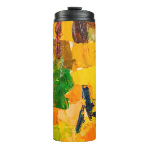 Abstraktes Ölgemälde auf der Leinwand. Thermosbecher