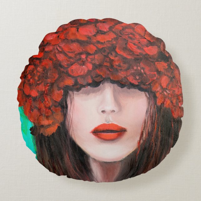 Abstraktes Ölgemälde, das weibliche Gesicht und ro Rundes Kissen (Vorderseite)