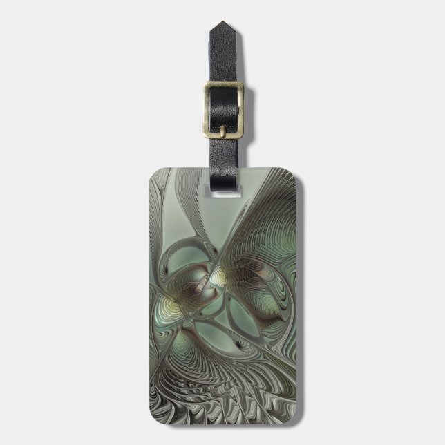 Abstraktes Olive Sage Green Grau Fraktal Art Fanta Gepäckanhänger (Vorderseite vertikal)