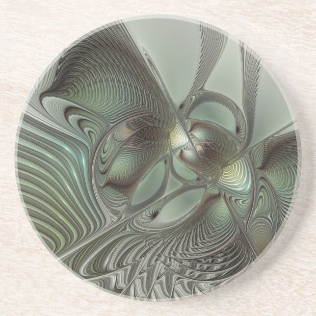 Abstraktes Olive Sage Green Grau Fraktal Art Fanta Getränkeuntersetzer (Vorne)