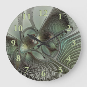 Abstraktes Olive Sage Green Grau Fraktal Art Fanta Große Wanduhr