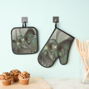 Abstraktes Olive Sage Green Grau Fraktal Art Fanta Ofenhandschuh & Topflappen-Set