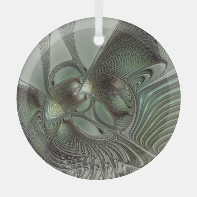 Abstraktes Olive Sage Green Grau Fraktal Art Fanta Ornament Aus Glas (Vorderseite)