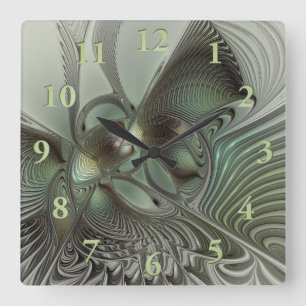 Abstraktes Olive Sage Green Grau Fraktal Art Fanta Quadratische Wanduhr
