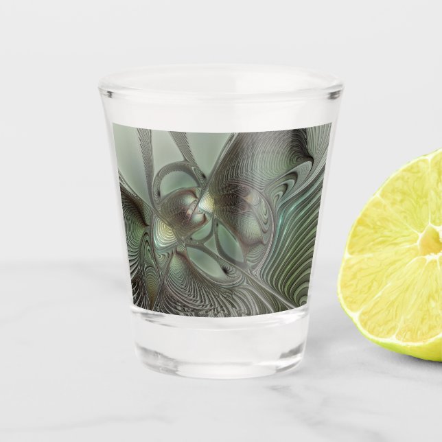 Abstraktes Olive Sage Green Grau Fraktal Art Fanta Schnapsglas (Vorderseite)
