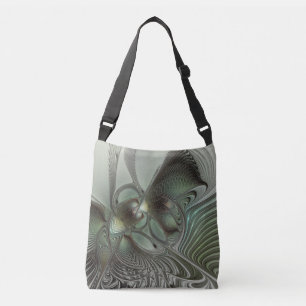 Abstraktes Olive Sage Green Grau Fraktal Art Fanta Tragetaschen Mit Langen Trägern