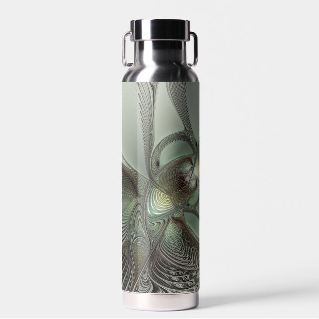 Abstraktes Olive Sage Green Grau Fraktal Art Fanta Trinkflasche (Vorne)