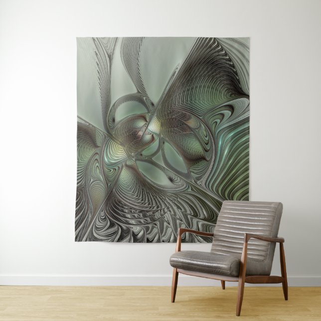 Abstraktes Olive Sage Green Grau Fraktal Art Fanta Wandteppich (Beispiel)