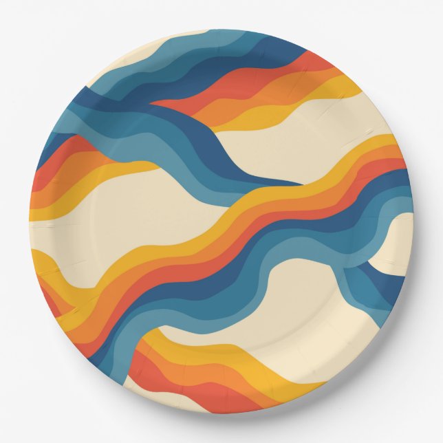Abstraktes Orange Blue Retro Wavy Strip Muster Pappteller (Vorderseite)