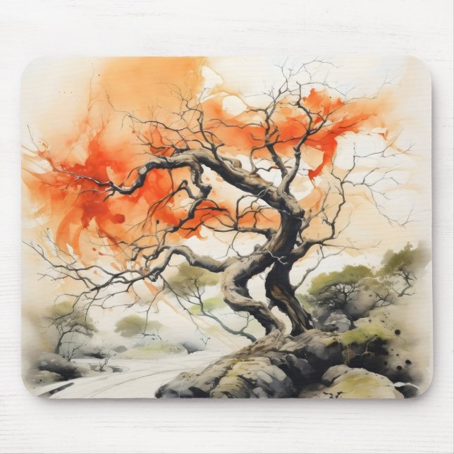 Abstraktes Orange Tree Tinte Gemälde Mousepad (Vorne)