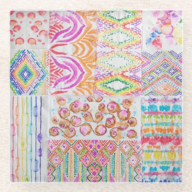 Abstraktes Patchwork, Aquarellmuster gefärbte Kraw Glasuntersetzer (Vorderseite)