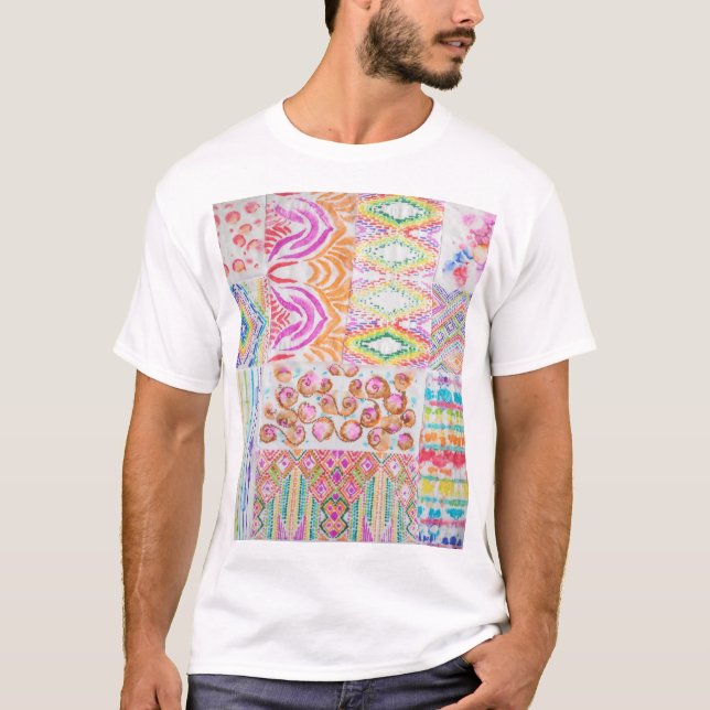 Abstraktes Patchwork, Aquarellmuster gefärbte Kraw T-Shirt (Vorderseite)