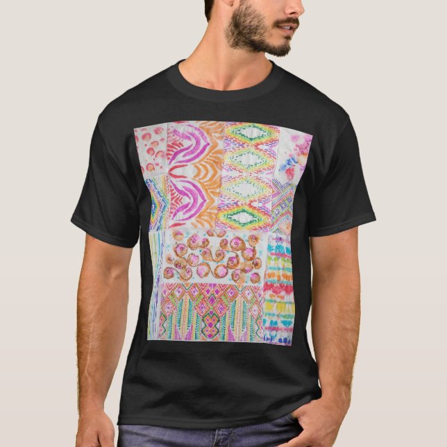 Abstraktes Patchwork, Aquarellmuster gefärbte Kraw T-Shirt (Vorderseite)
