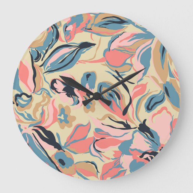 Abstraktes Patchwork: geometrische Blumencreme. Große Wanduhr (Vorderseite)