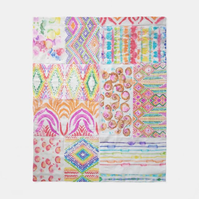 Abstraktes Patchwork, Wasserfarbene Tie-Dye-Muster Fleecedecke (Vorderseite)