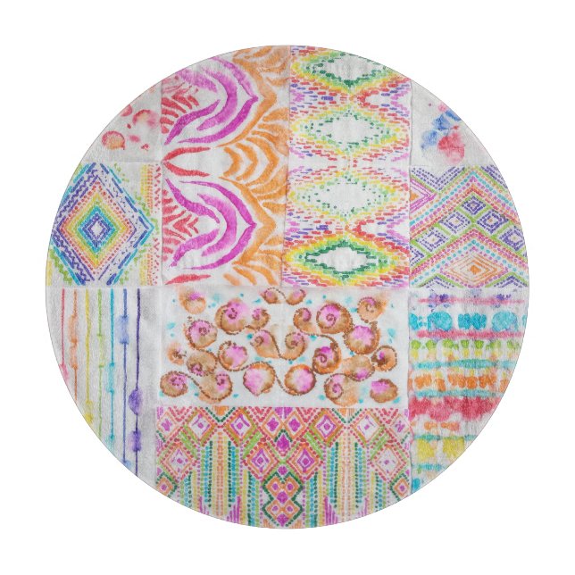 Abstraktes Patchwork, Wasserfarbene Tie-Dye-Muster Schneidebrett (Vorderseite)