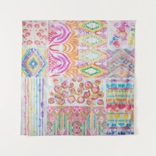 Abstraktes Patchwork, Wasserfarbene Tie-Dye-Muster Wandteppich