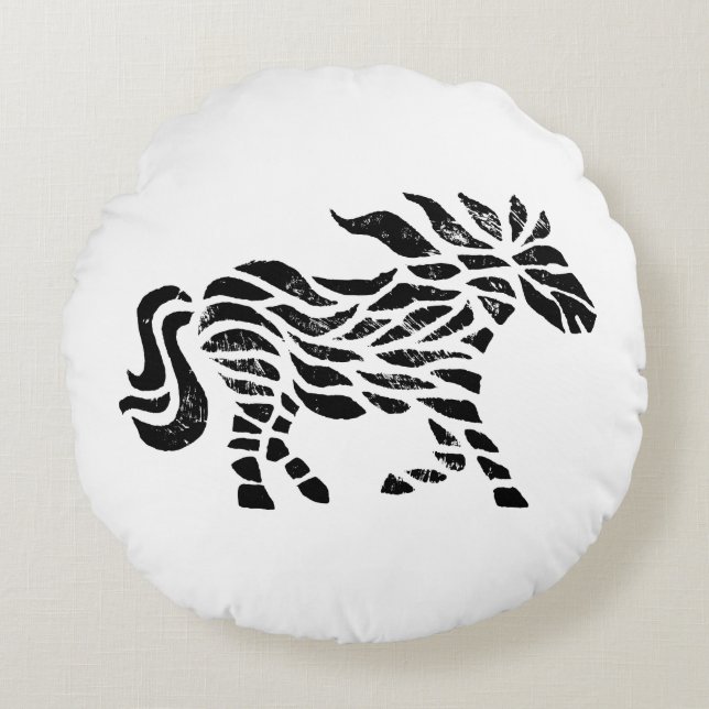 Abstraktes Pferd Holzblock drucken Rundes Kissen (Vorderseite)