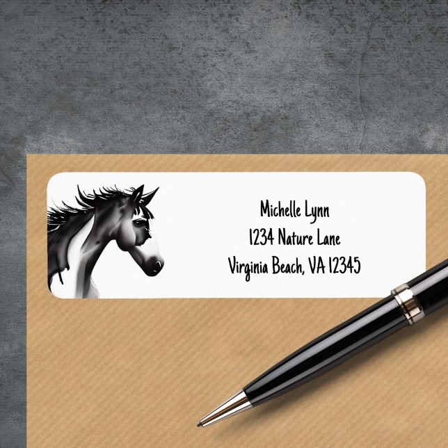 Abstraktes Pferd | Schwarz-Weiß-Adresse (Abstract Horse Black and White Address Label)