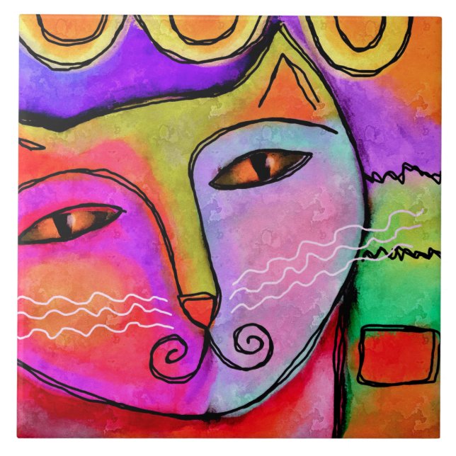 Abstraktes Portrait einer Katze Fliese (Vorderseite)