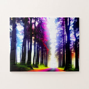 Abstraktes Regenbogenlicht durch den Wald Puzzle