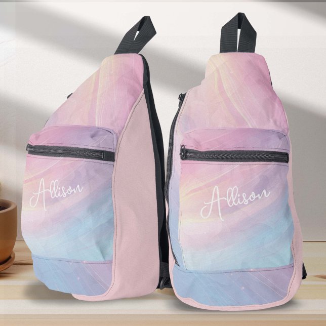 Abstraktes Regenbogenmuster, Lila rosa Crossbody Bag (Colorful Rainbow pastel sling bag.)