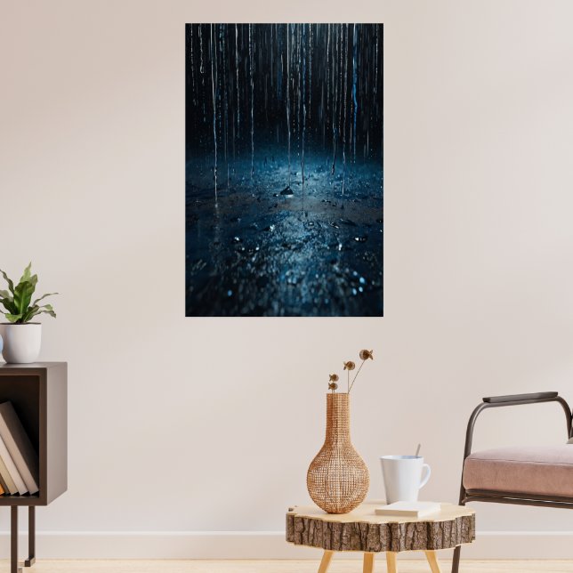 Abstraktes Regenplakat - Silberblauer Mauer Kunst Poster (Wohnzimmer 3)