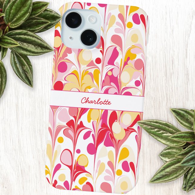 Abstraktes Retro-Marmormuster Rosa Personalisiert Case-Mate iPhone Hülle (Modern retro marble pattern pink orange yellow personalized name cell phone case)