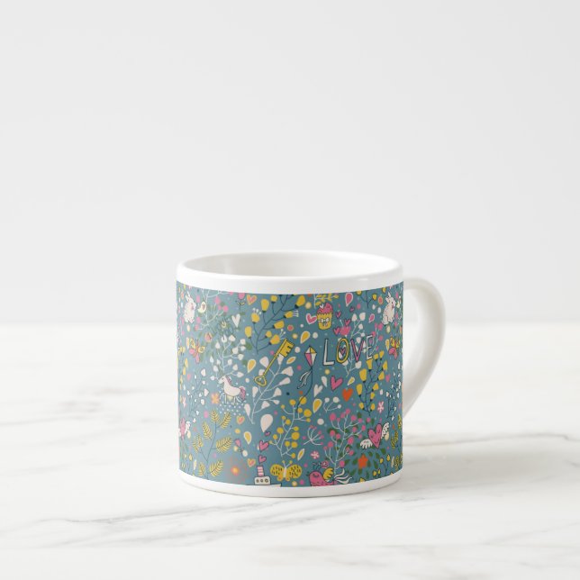 Abstraktes romantisches Muster mit Cartoon Espressotasse (Vorderseite Rechts)