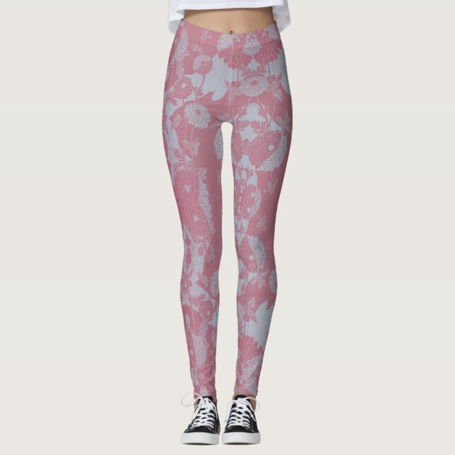 Abstraktes rosa und graues botanisches Muster Leggings (Vorderseite)