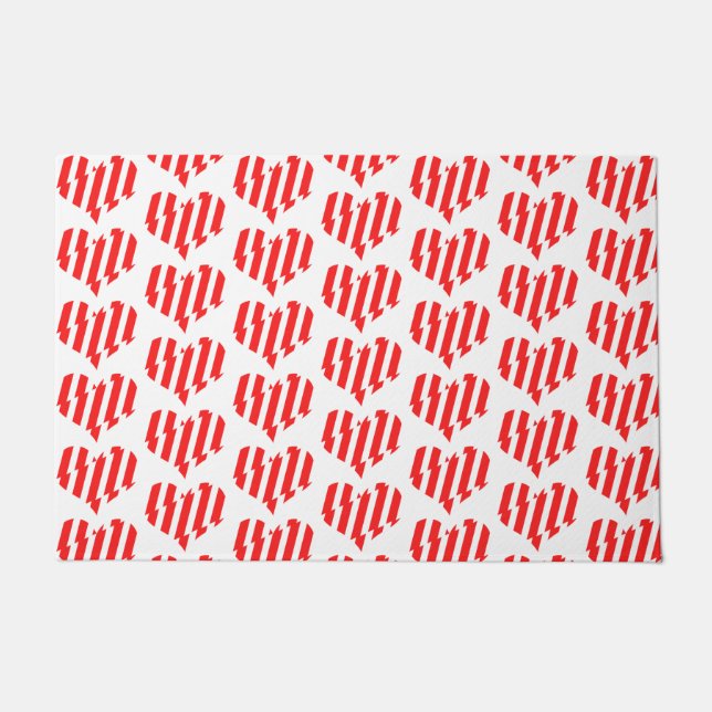 Abstraktes Rot n Weiße Streifen Herzstück Fußmatte (Vorderseite)