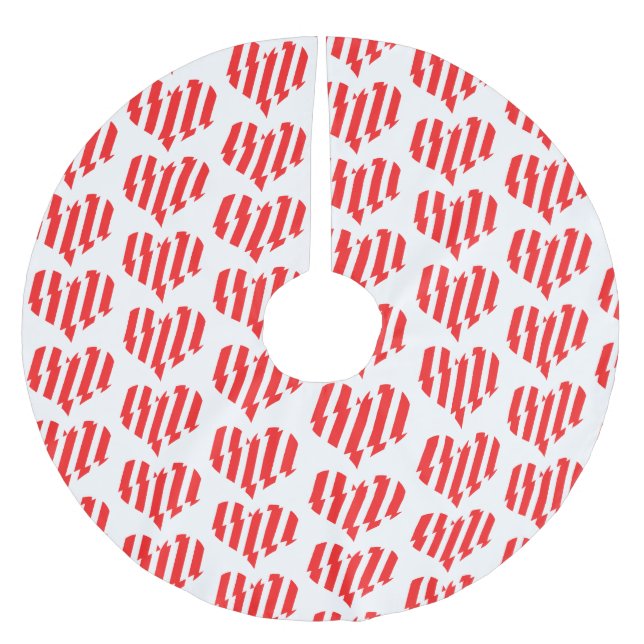 Abstraktes Rot n Weiße Streifen Herzstück Polyester Weihnachtsbaumdecke (Vorderseite)