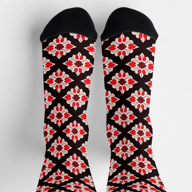 Abstraktes Rot-Weiß-Muster Socken (Oben)